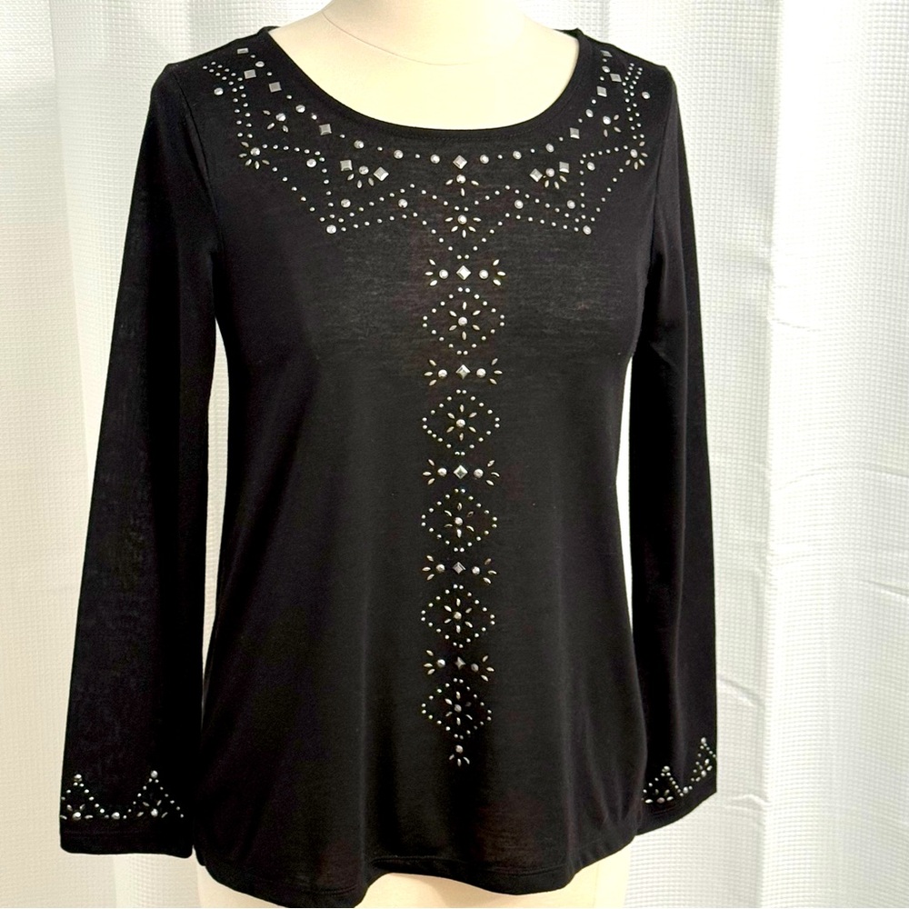 Karen Brooks Women's Long Sleeve Silver Sequin Embellishment Top, Black Size M